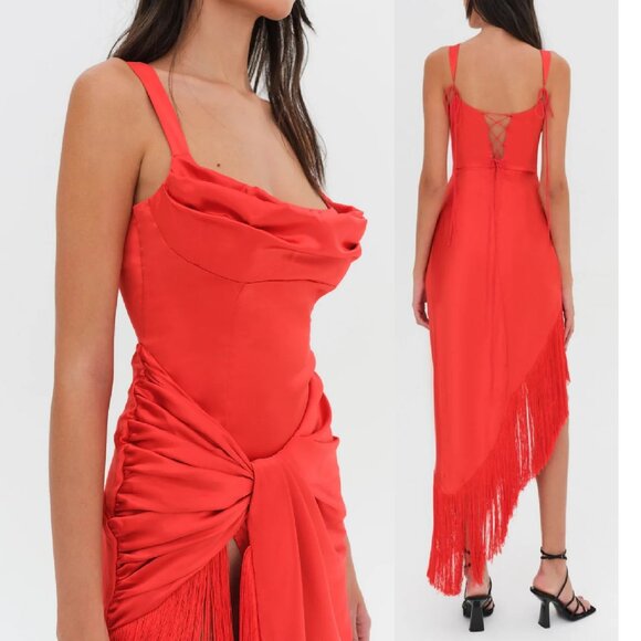 NWT FOR LOVE AND LEMONS ANISA RED FRINGE ASYMMETRICAL SILK BLEND DRESS SIZE L - Picture 2 of 11